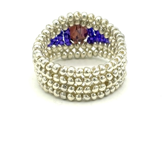 Hand Crafted Beaded Ring Silver and Purple Crystal - Picture 4 of 5